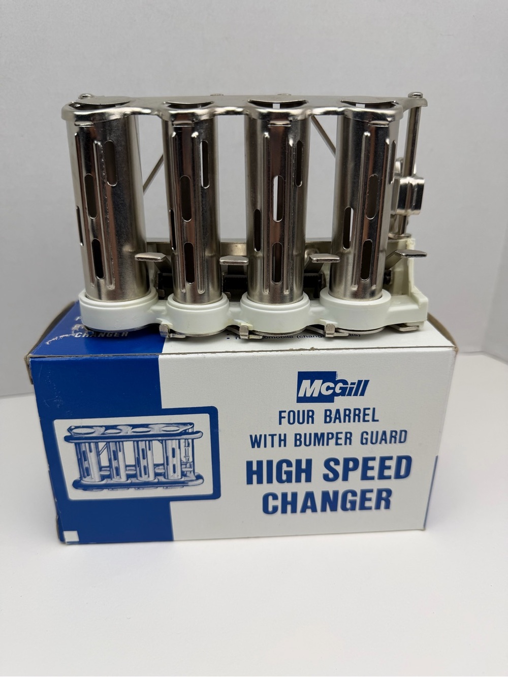 McGill Four Barrel High Speed Coin Changer W/Bumper Guard Tested Working W/Box